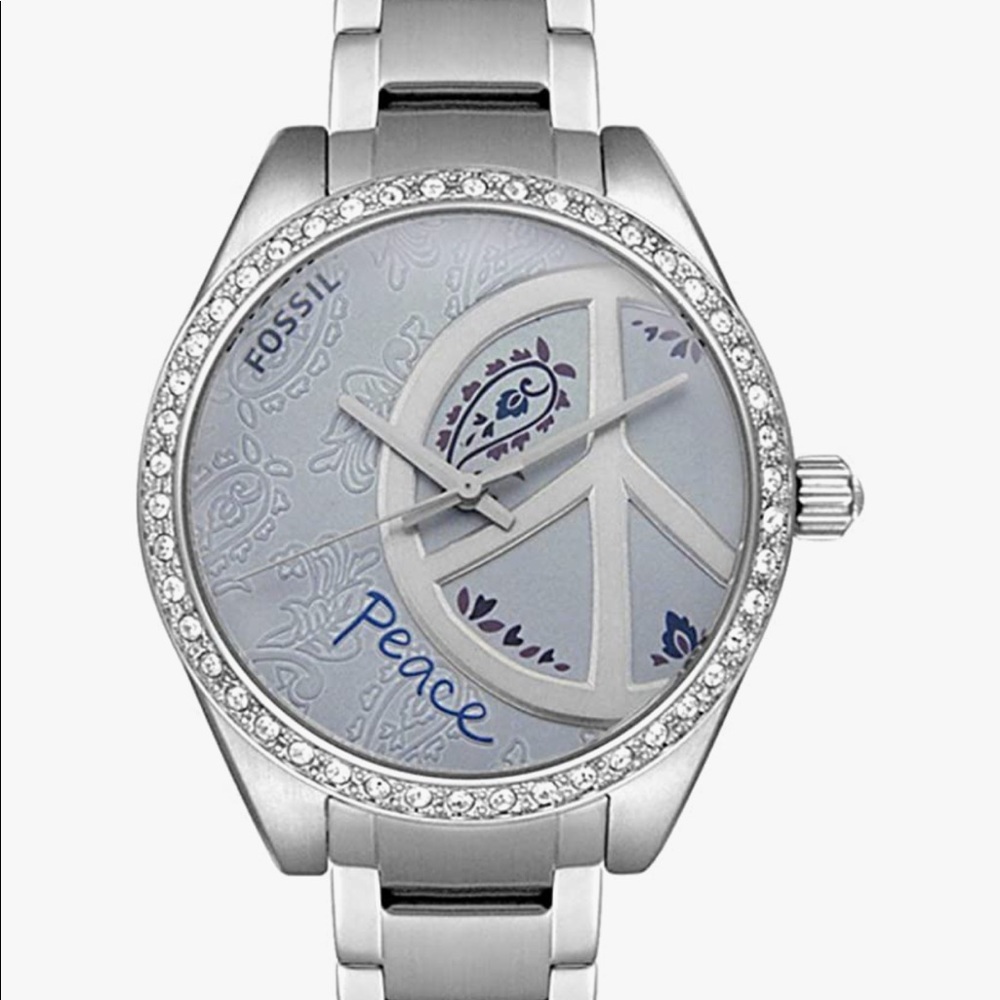 Fossil silver watch with peace sign